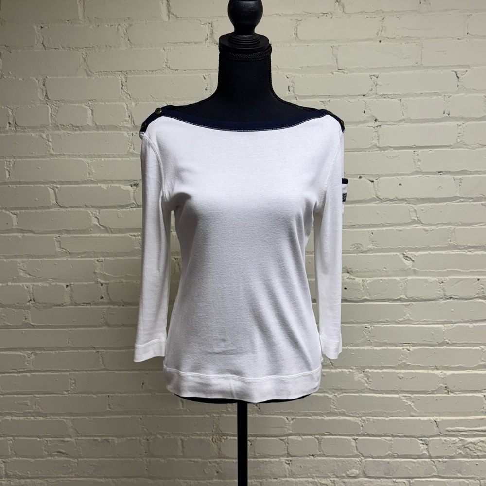 Lauren by Ralph Lauren - White with Navy trim Boat Neck Top, Size Petite Small